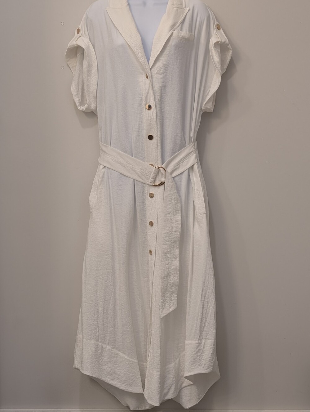 Ramy Brook White Celia Belted Midi Dress Womens Size XL Gold Button Shirt Dress